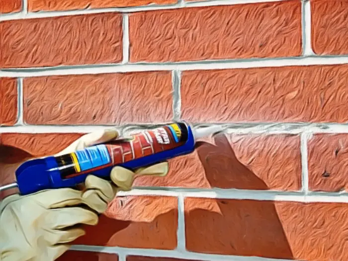A caulking gun being used to seal brick weep holes.